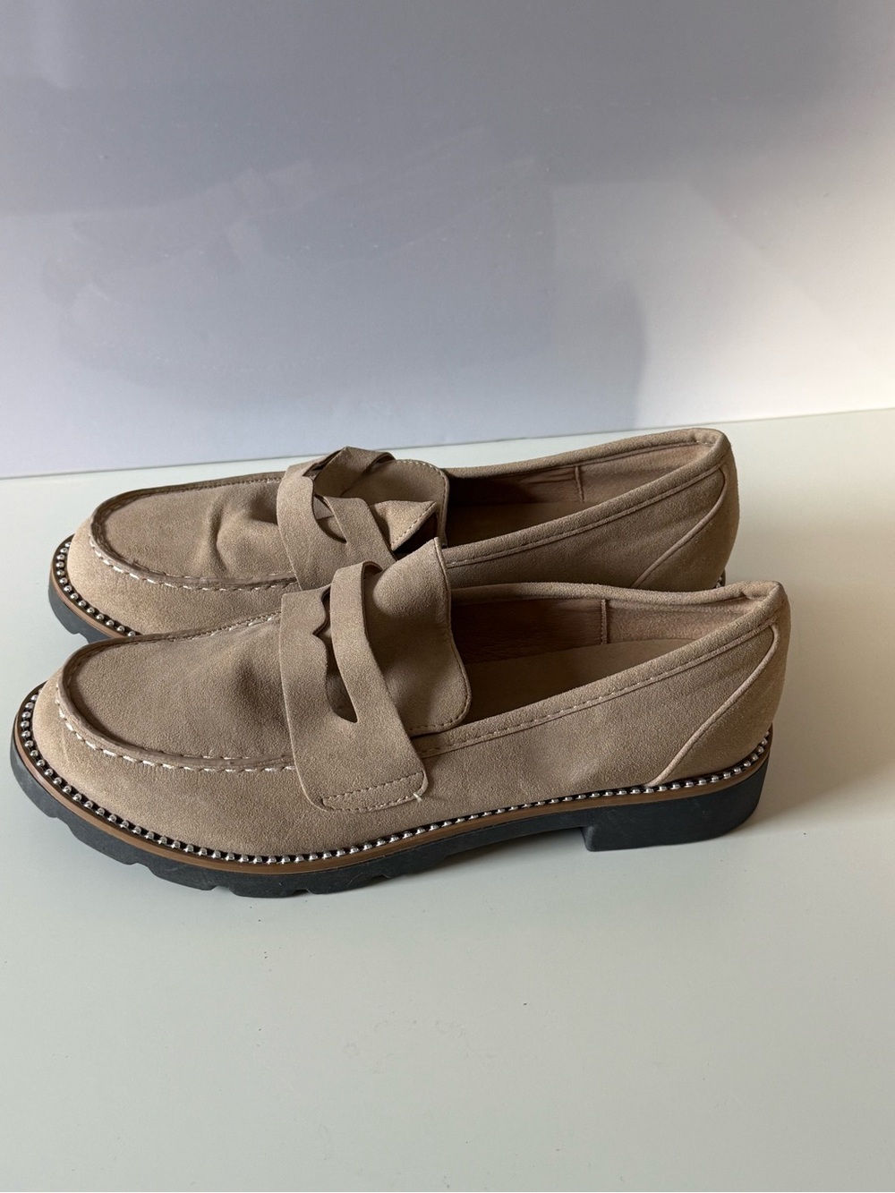 Taryn Rose Taupe Suede Penny Loafers with Lug Sole